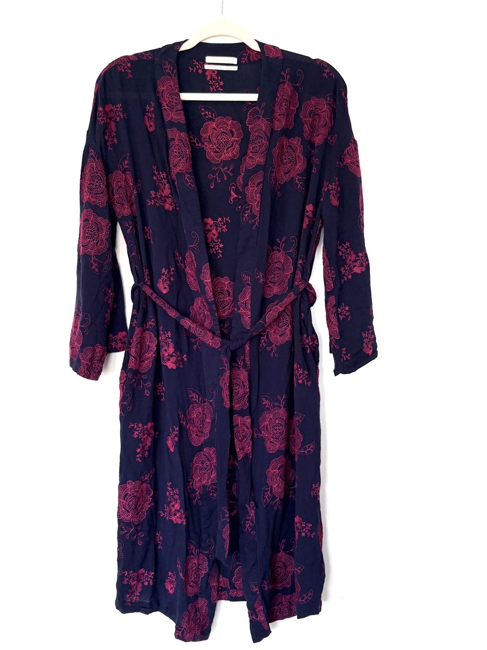 Urban Outfitters Navy & Burgundy Floral Long Robe with Belt XS/S